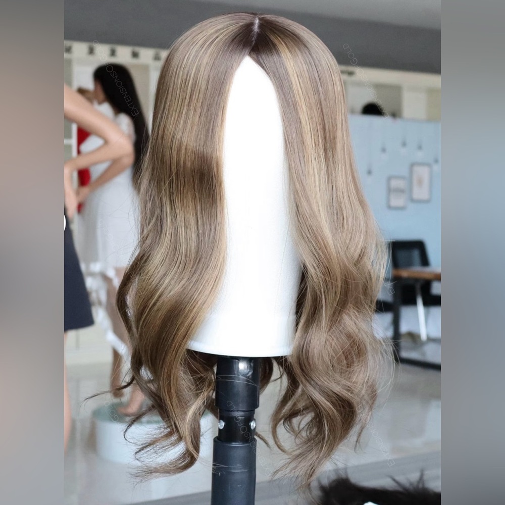 Human Hair Topper Extensions of Gold 130% hair Density 7”x8” cap 18” length